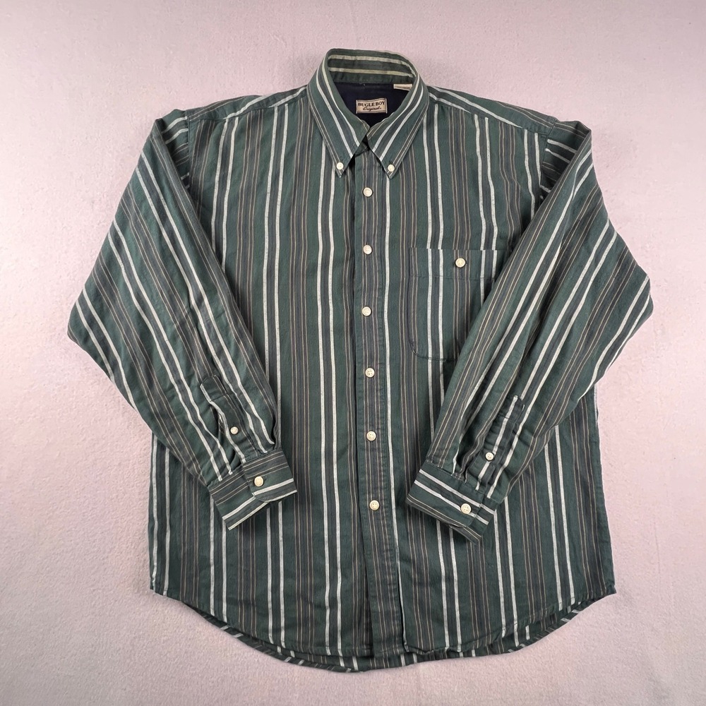 VTG Bugle Boy Button Down Shirt Mens Medium Green Striped Cotton Long Sleeve